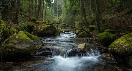 Fototapeta premium Flowing stream within high biodiversity montane forest ecosystem