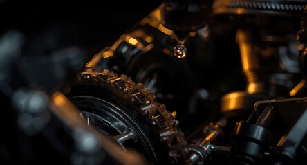 Fototapeta premium Detailed macro of a car gearbox chain with oil droplet bathed in warm light revealing intricate automotive mechanics