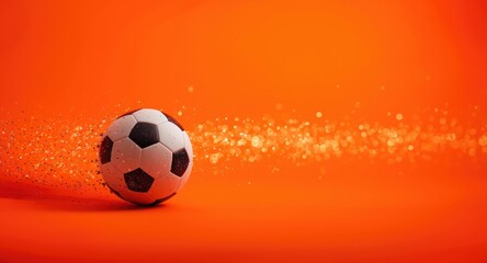 Fototapeta premium Fast traveling soccer ball set on an intense orange backdrop with shimmering bokeh and copy space