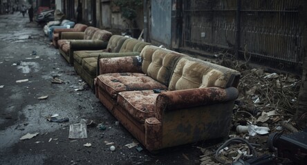 Damaged old sofas left on street illustrating city neglect and pollution from discarded furniture