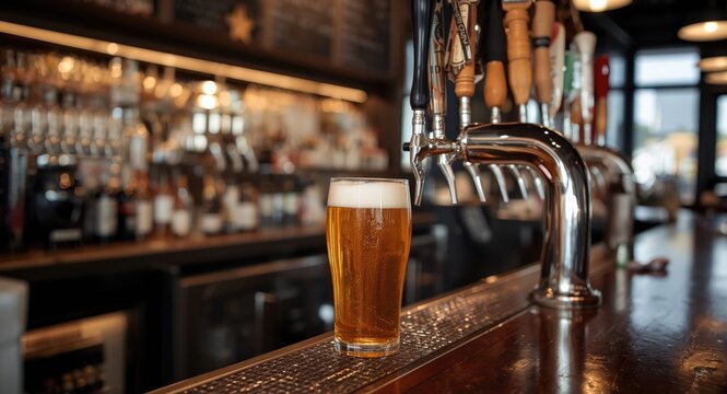 Freshly tapped beer being served behind a restaurant bar counter
