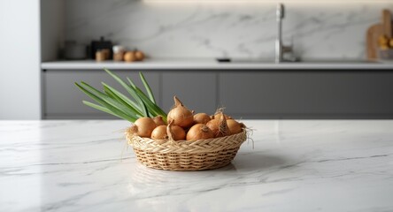 Fresh onions in a basket atop white marble table in a modern kitchen scene with broad copy space available