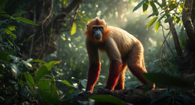 Detailed photograph of a red shanked douc langur langur monkey in tropical woods