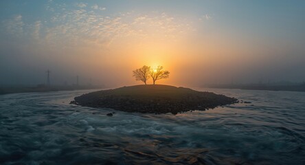 Obraz premium Fresh dawn illuminating a small island with flowing river