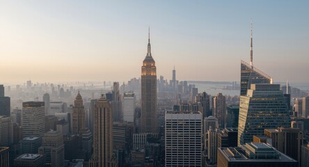 Naklejka premium High perspective of famous buildings glowing under gentle morning rays