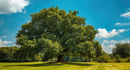 Calm summer environment with a thriving oak tree fully covered in leaves on a green grassy surface below a blue sky