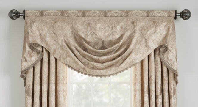 Chic window design including curtain fabric and valance with metal rod ends