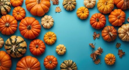 Fototapeta premium Group of assorted fresh pumpkins on a smooth blue background ideal for copy space