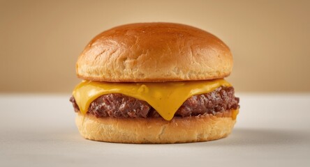 Delicious single beef burger with melted cheddar cheese on freshly toasted bread
