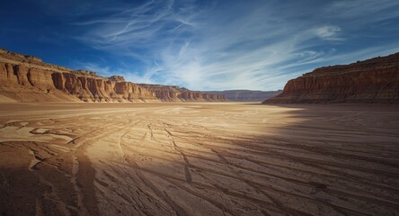 Isolated desert valley spotlighting weathered stone patterns and arid ground