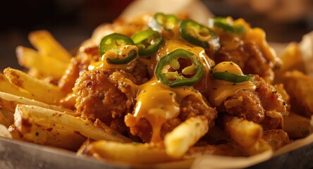 Fries topped with golden chicken pops spicy jalapenos and rich melted cheese sauce
