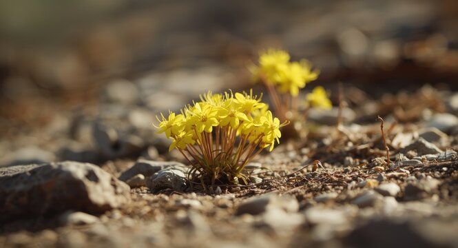 Close-up shot of Rhodiola rosea golden root with lively yellow blossoms on natural rugged terrain