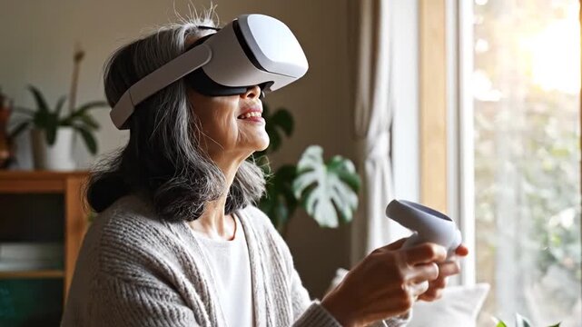 Woman enjoying virtual reality experience with VR headset and controllers.