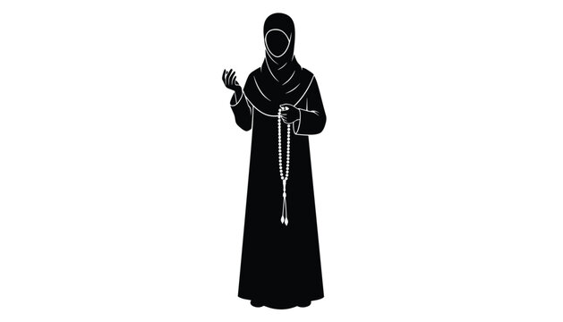 Islamic Devotion Concept: Silhouette of a Woman in an Abaya Holding Prayer Beads Symbolizing Faith and Connection to the Divine