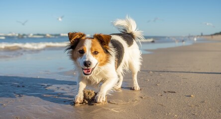 Joyful Jack Russell pet digging in sandy beach on bright summer day with ocean waves