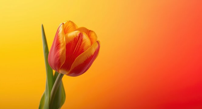 A vibrant tulip flower isolated on a clean white background with a bold yellow and red backdrop