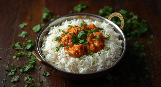 Butter chicken in a balti dish with a hearty serving of rice and fresh herbs