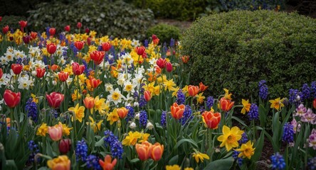 Colorful spring garden showcasing varied flower species and dense green plant life