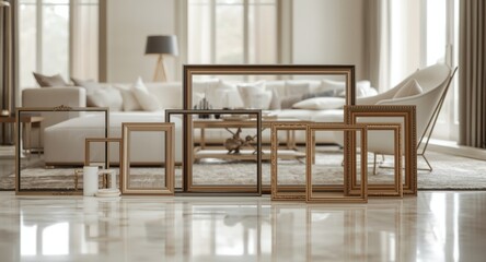 Elegant family room featuring empty frames lying on floor
