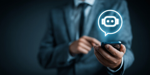 Fototapeta premium Businessman using mobile phone with virtual chatbot AI assistant icon