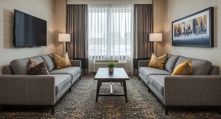 Obraz premium Cozy living area with mounted TV, thick patterned carpet, small table, and two stylish couches