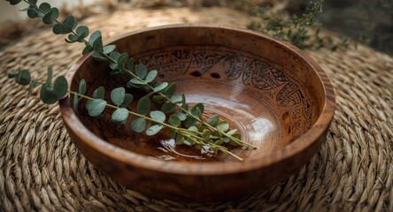 Artisan carved wooden bowl with green sprigs for indigenous ceremonial practices