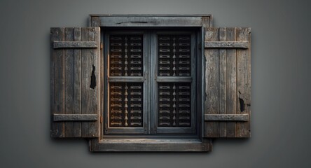 Obraz premium Antique wooden window with cracking paint and rustic shutters against an unobtrusive neutral background
