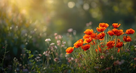 Obraz premium Bright poppies arranged for a floral tribute with a dedicated background