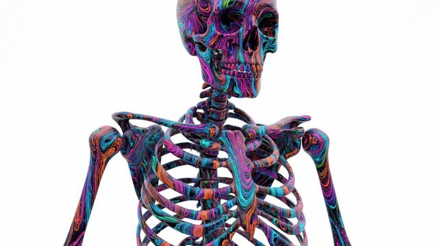 Surreal human skeleton with psychedelic marbled paint texture on white background