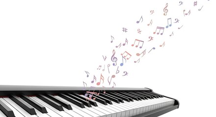 Piano Keyboard With Floating Musical Notes On White