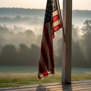 Frayed american flag hanging from a wooden porch post at sunrise with a foggy landscape background