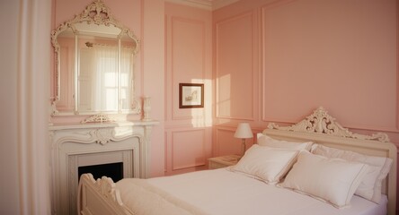 Fototapeta premium Delicate pink bedroom styling with white bed and decorative mantelpiece mirror