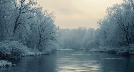 Fototapeta premium A placid snow covered forest crossed by a calm river with frost coated branches under a cloudy sky