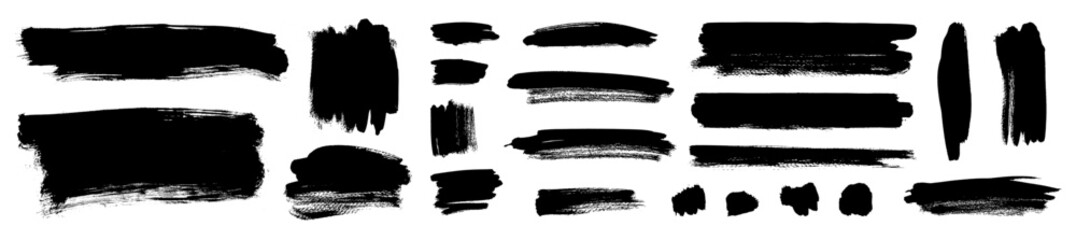 Fototapeta premium Black brush paint stroke background. Japanese brushstroke set. Vector ink Asian food menu stripe text boxes, underlines, highlights, and tags. Paintbrush streak label borders. Rough China ink line bg