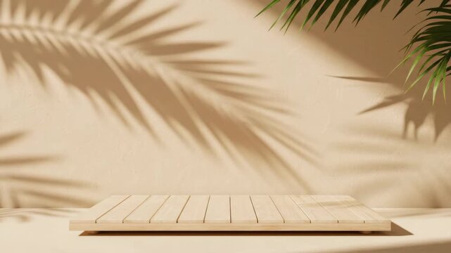 Minimalist wooden platform with palm leaf shadows on a textured wall backdrop