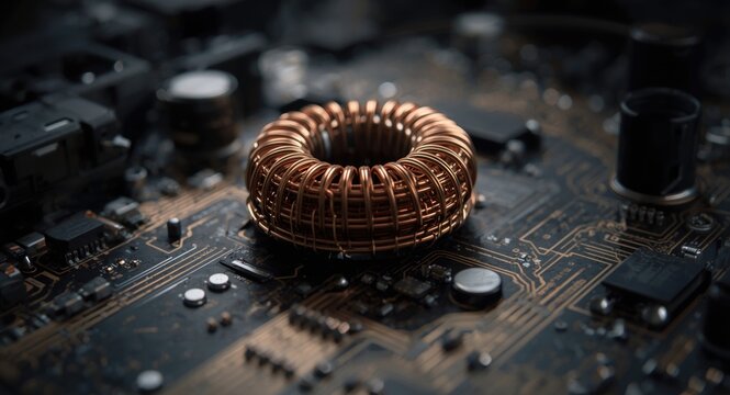 Detail of printed circuit board showing toroidal inductors wrapped in copper wire