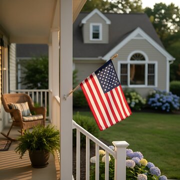 American flag waving on a house porch with flowers and green lawn symbolizing patriotism and serenity in a suburban home setting