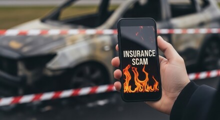 Obraz premium Hand Holding Smartphone Showing Insurance Scam Near Burned Car