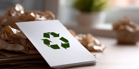 Fototapeta premium Close-up of a white card with green recycling symbol placed on crumpled brown paper and cardboard in soft natural light