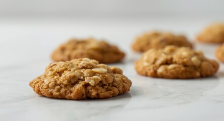 Close perspective of chewy honey oatmeal cookies on clean white surface