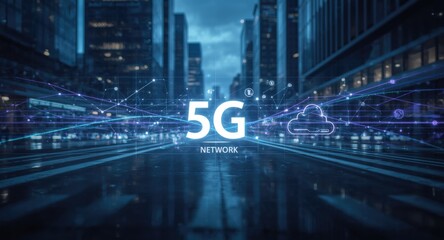 Fototapeta premium Holographic visualization of smart city wireless systems with 5G network and cloud server integration on urban backdrop