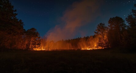 Fototapeta premium Burning woodland clearing under the cover of darkness