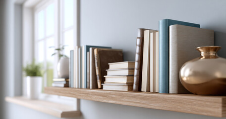 Fototapeta premium Close-up of wooden shelf with neatly arranged books and decorative vases in a bright modern room with large