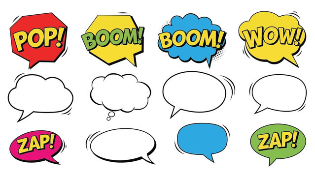 Colorful comic speech bubbles in various shapes and sizes on a white background with dynamic text effects.