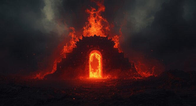 Devil's domain entrance surrounded by raging hellfire and darkness
