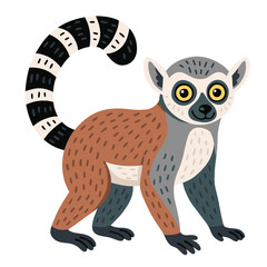 Cute flat vector illustration of a ring-tailed lemur standing and looking forward, isolated character design in clean cartoon style, ideal for children’s books, prints, stickers, and educational mater © KATERYNA