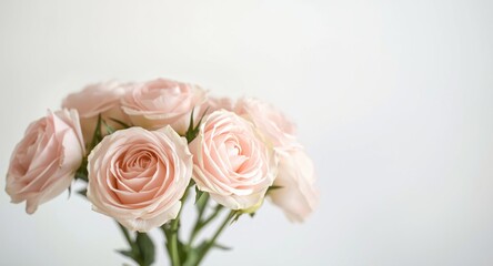 Fototapeta premium Image with copy space of a soft pink rose bouquet prominently against a fresh white background