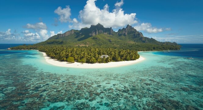 Drone perspective showing a tropical island&acirc;&euro;&trade;s clear lagoon and elevated mountain terrain