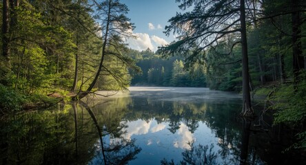 Obraz premium calm lake with dense forest greenery surrounding it
