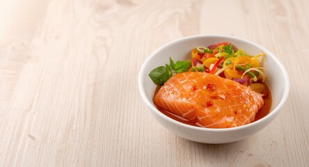 Fresh raw salmon and spicy seafood salad with tangy sauce